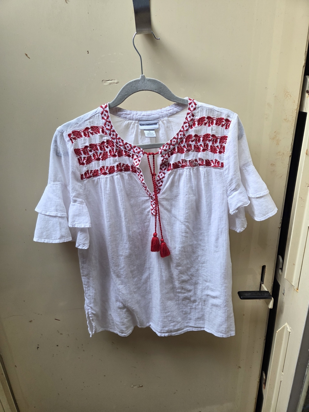 Liz Claiborne White Peasant Blouse with Red Embroidery